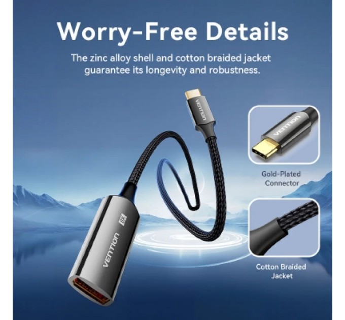 Кабель мультимедійний Cotton Braided USB-C to DP 8K Converter 0.25M Black Zinc Alloy Type VENTION (CRGBC)