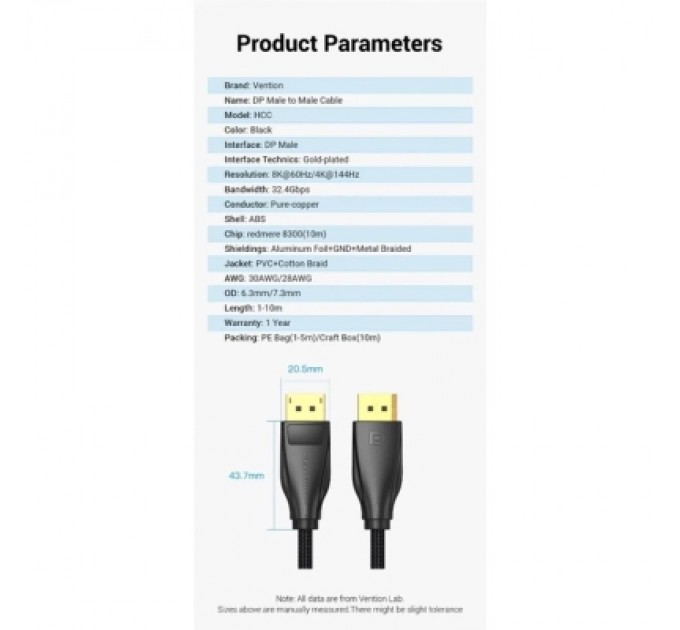 Кабель мультимедійний Cotton Braided DP Male to Male Cable 1M Black VENTION (HCCBF)