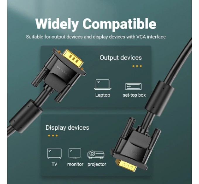 Кабель мультимедійний VGA(3+6) Male to Male Cable with ferrite cores 10M Black VENTION (DAEBL)