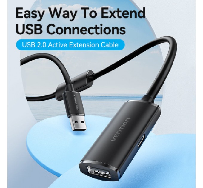Дата кабель USB 2.0 Type-A Male to Type-A Female Active Extension Cable 5M Black VENTION (CBKBJ)