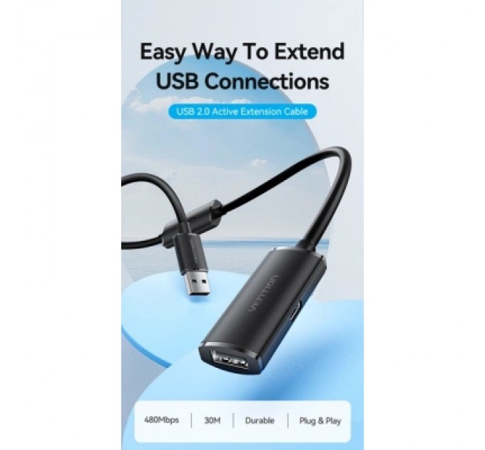 Дата кабель USB 2.0 Type-A Male to Type-A Female Active Extension Cable 10M Black VENTION (CBKBL)