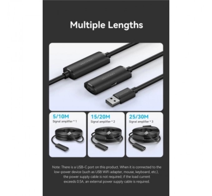 Дата кабель USB 2.0 Type-A Male to Type-A Female Active Extension Cable 10M Black VENTION (CBKBL)