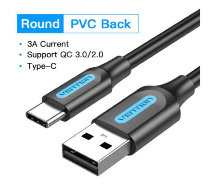 Дата кабель USB 2.0 A Male to C Male 3A Cable 1M Black VENTION (COKBF)