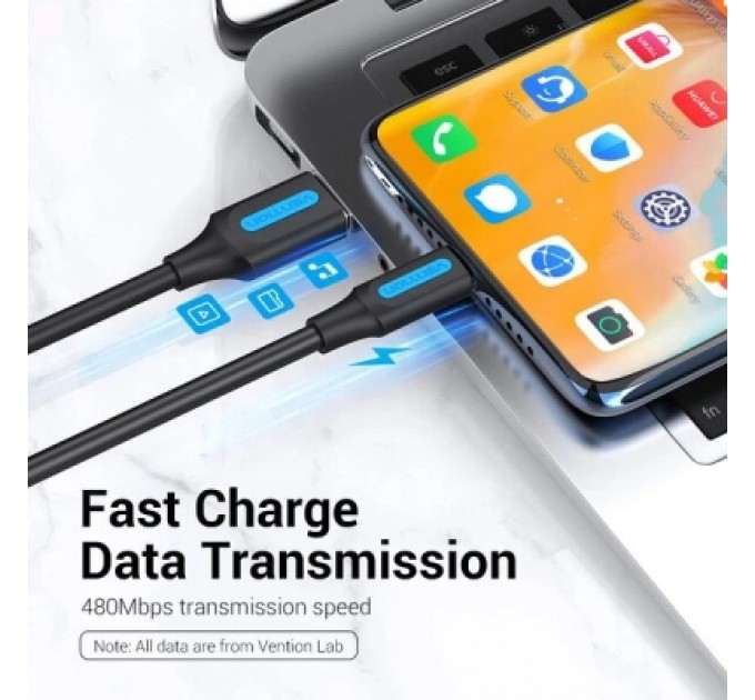 Дата кабель USB 2.0 A Male to C Male 3A Cable 1.5M Black VENTION (COKBG)