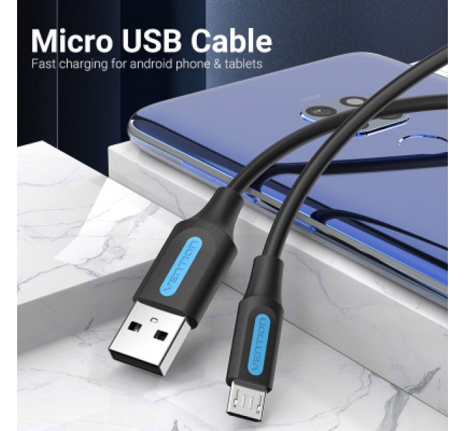 Дата кабель USB 2.0 A Male to Micro-B Male 3A Cable 1M Black VENTION (COLBF)