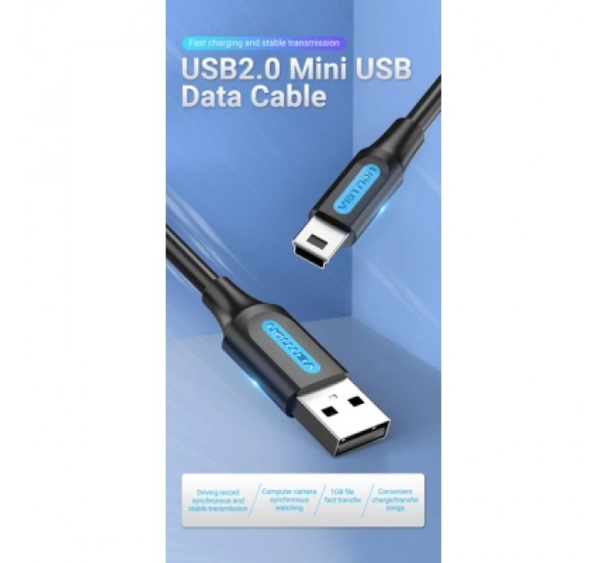 Дата кабель USB 2.0 A Male to Mini-B Male Cable 2M Black PVC Type VENTION (COMBH)