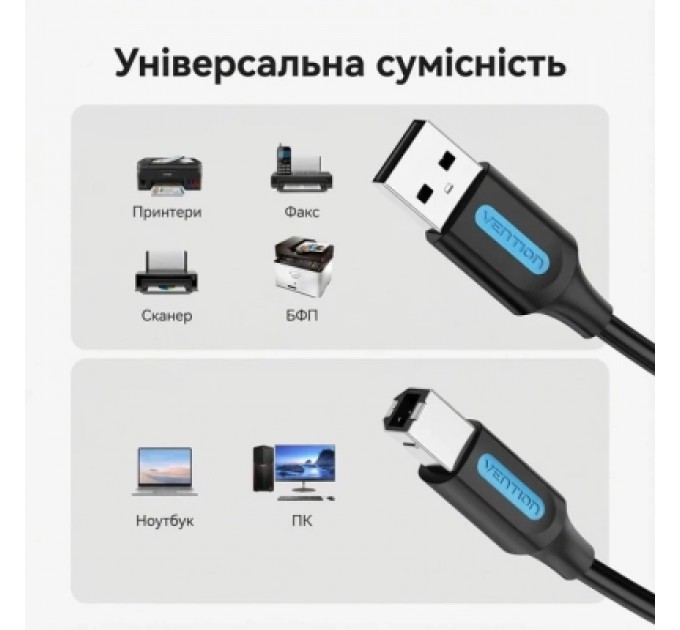 Дата кабель USB 2.0 A Male to B Male Cable with Ferrite Cores 10M Black PVC Type VENTION (COQBL)