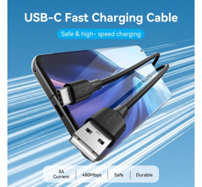 Дата кабель USB 2.0 A Male to C Male 3A Cable 1M Black VENTION (CTHBF)