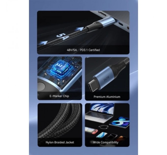 Дата кабель USB 2.0 C Male to C Male 240W Cable 1.5M Black Aluminum Alloy Type VENTION (TREBG)