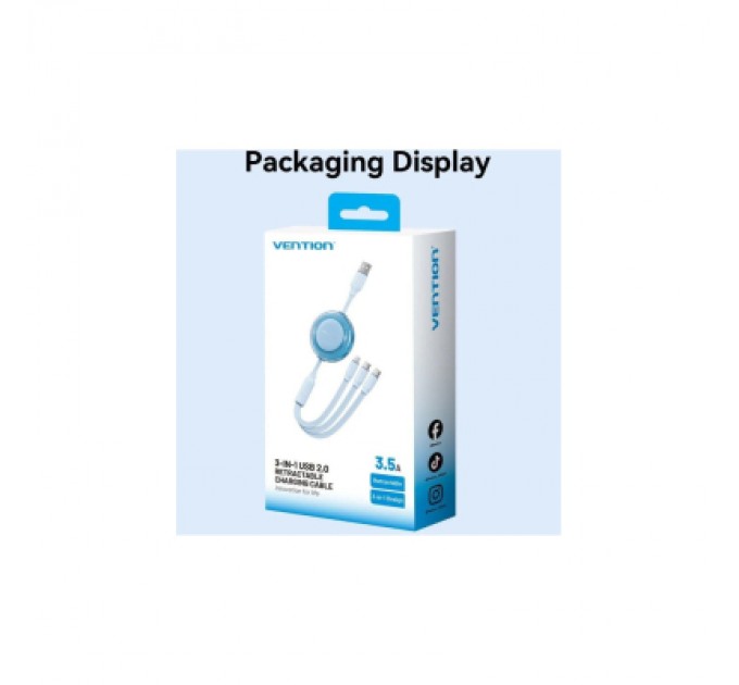 Дата кабель 3-in-1 USB 2.0 Type-A Male to USB-C Male + USB-C Male + Lightning Male 3.5A Retractable Cable 1. VENTION (TRJBBE)