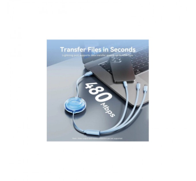 Дата кабель 3-in-1 USB 2.0 Type-A Male to USB-C Male + USB-C Male + Lightning Male 3.5A Retractable Cable 1. VENTION (TRJBBE)