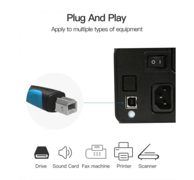 Дата кабель USB2.0 A Male to B Male Print Cable 1M Black VENTION (VAS-A16-B100)