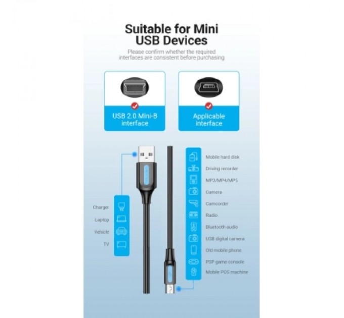 Дата кабель USB 2.0 A Male to Mini-B Male Cable 1M Black PVC Type VENTION (COMBF)