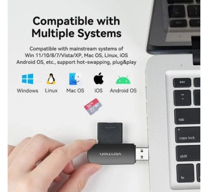 Зчитувач флеш-карт 2-in-1 USB 3.0 A Card Reader(SD+TF) Black Dual Drive Letter VENTION (CLGB0)