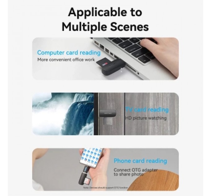 Зчитувач флеш-карт 2-in-1 USB 3.0 A Card Reader(SD+TF) Black Dual Drive Letter VENTION (CLGB0)