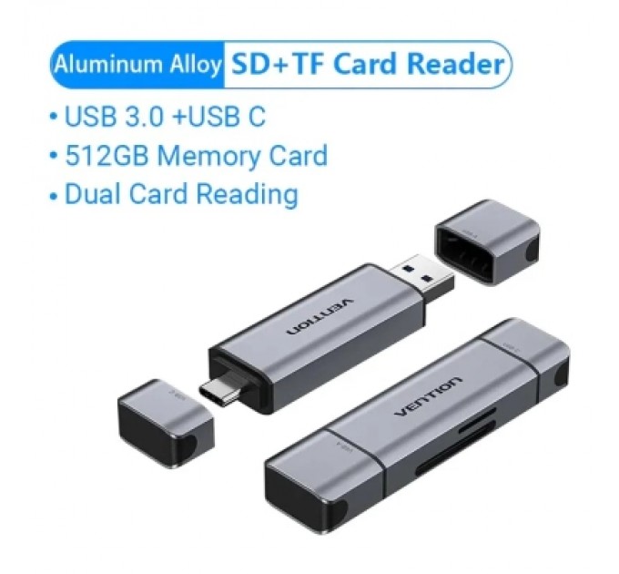 Зчитувач флеш-карт 2-in-1 USB 3.0 A+C Card Reader(SD+TF) Gray Dual Drive Letter Aluminum Alloy Type VENTION (CLLH0)
