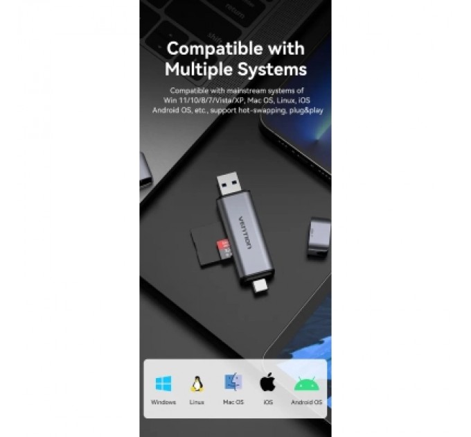 Зчитувач флеш-карт 2-in-1 USB 3.0 A+C Card Reader(SD+TF) Gray Dual Drive Letter Aluminum Alloy Type VENTION (CLLH0)