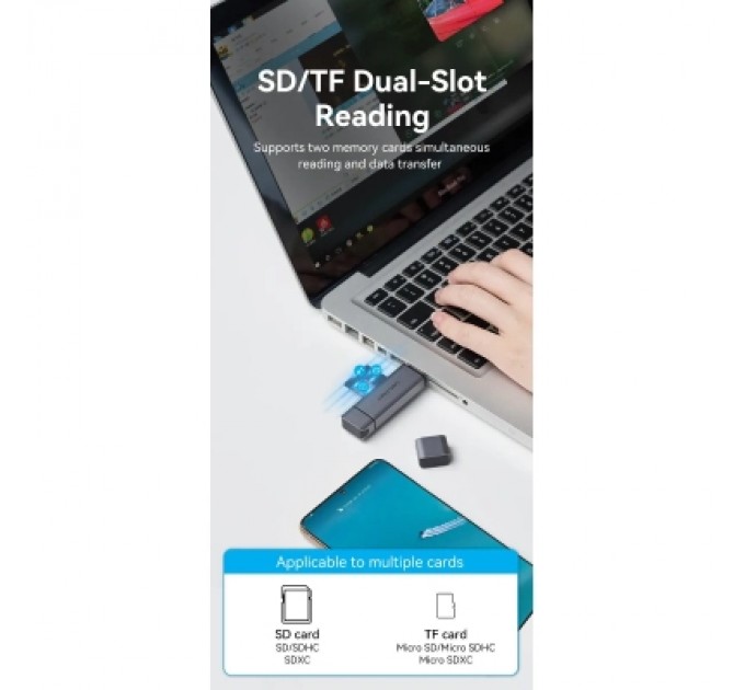 Зчитувач флеш-карт 2-in-1 USB 3.0 A+C Card Reader(SD+TF) Gray Dual Drive Letter Aluminum Alloy Type VENTION (CLLH0)