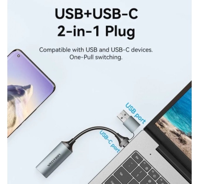 Перехідник HDMI-A to USB-C/USB-A Video Capture Card 0.1M Gray VENTION (ACWHA)