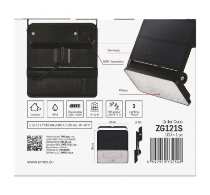 Прожектор EMOS сонячний світлодіодний 1000 лм IP54 4000K PIR (ZG121S)