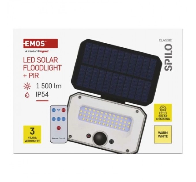 Прожектор EMOS сонячний світлодіодний 1500 лм IP54 3000K PIR (ZG131S)