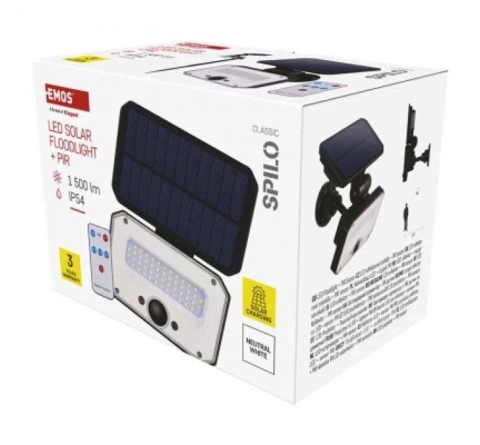 Прожектор EMOS сонячний світлодіодний 1500 лм IP54 4000K PIR (ZG132S)