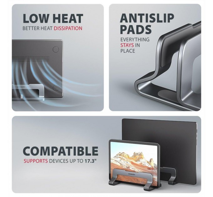 Вертикальна підставка для ноутбуків AXAGON STND-VG (розмір 10" – 17.3"), Сірий