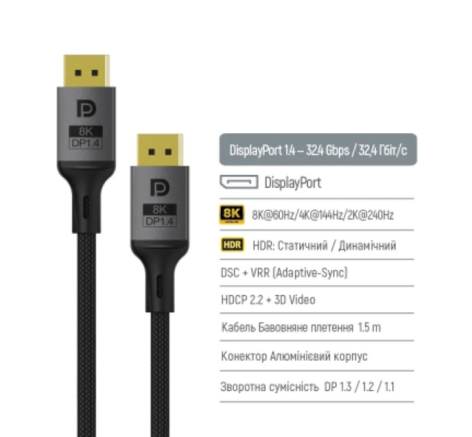 ColorWay Кабель мультимедійний DisplayPort M to DisplayPort M 1.5m V1.4 8K black ColorWay (CW-CBDP093-BK)