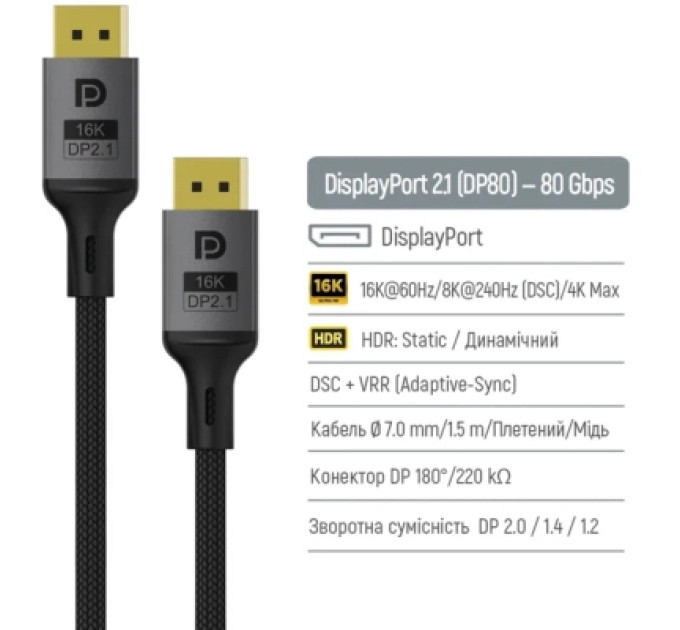 ColorWay Кабель мультимедійний DisplayPort M to DisplayPort M 1.5m V2.1 16K black ColorWay (CW-CBDP091-BK)