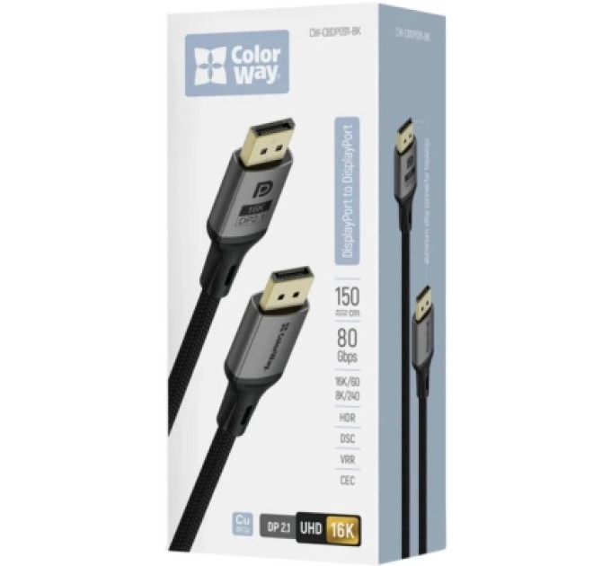 ColorWay Кабель мультимедійний DisplayPort M to DisplayPort M 1.5m V2.1 16K black ColorWay (CW-CBDP091-BK)