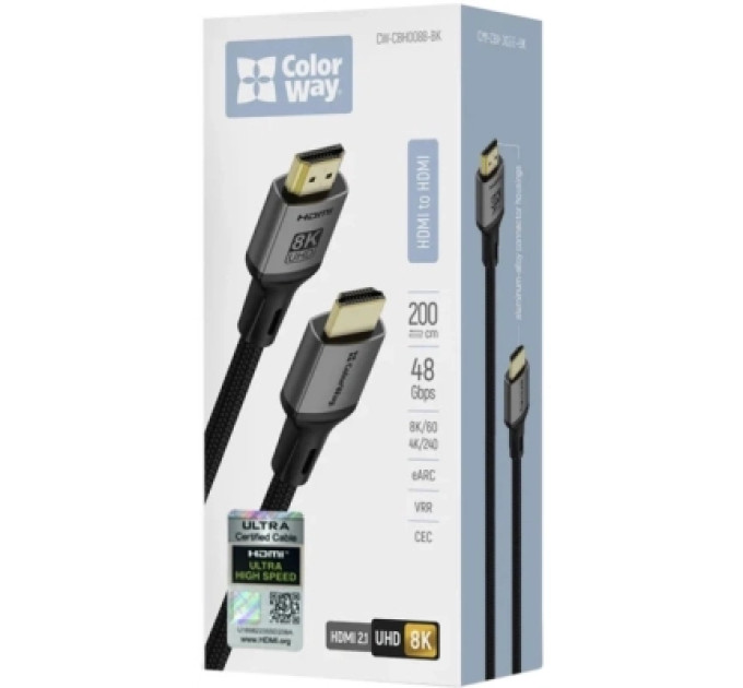 ColorWay Кабель мультимедійний HDMI M to HDMI M 2.0m V2.1 8K black ColorWay (CW-CBHD088-BK)