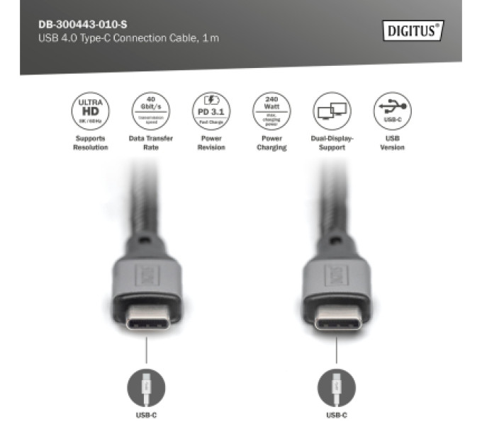 Digitus Дата кабель USB-C to USB-C 1.0m USB 4.0 black Digitus (DB-300443-010-S)