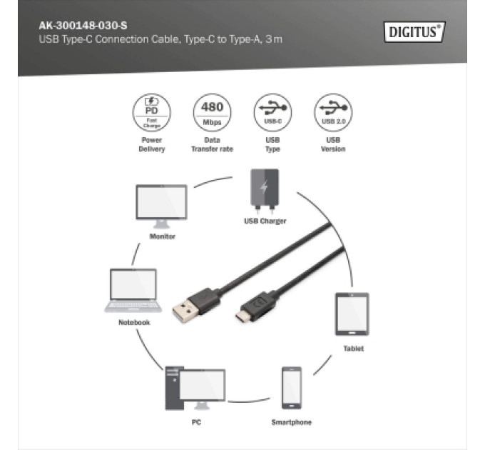 Digitus Дата кабель USB 2.0 AM to USB-C 3.0m black Digitus (AK-300148-030-S)