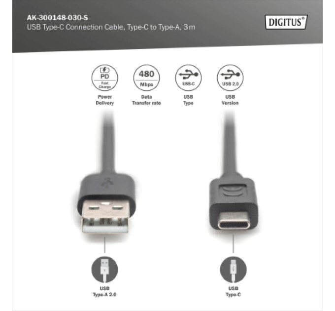 Digitus Дата кабель USB 2.0 AM to USB-C 3.0m black Digitus (AK-300148-030-S)