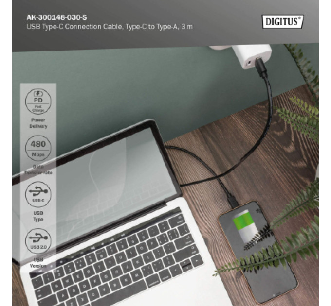 Digitus Дата кабель USB 2.0 AM to USB-C 3.0m black Digitus (AK-300148-030-S)