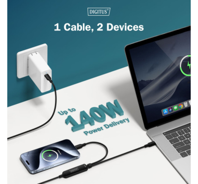 Digitus Дата кабель USB-C to 2xUSB-C 1.8m 140W black Digitus (AK-300170-018-S)