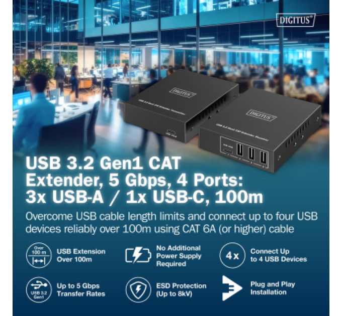 Digitus Адаптер Digitus USB extender 100 m RJ-45 to 3xUSB-A + 1xUSB-C (DA-73121)