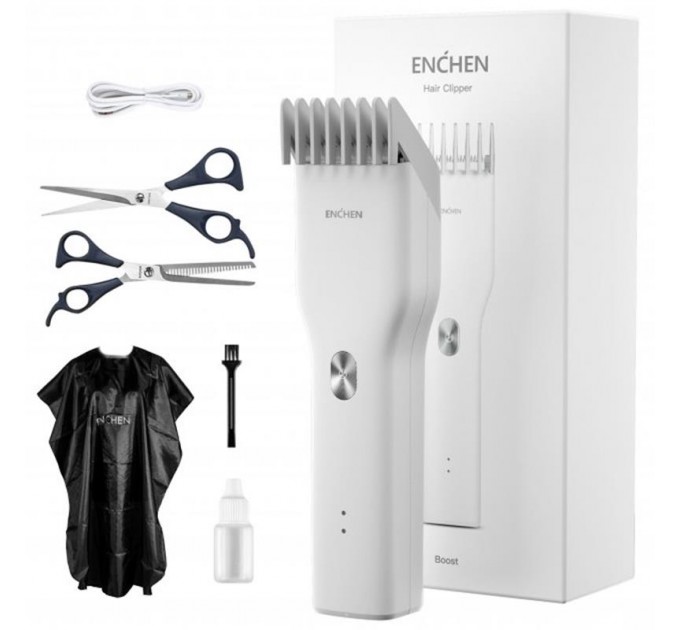 Машинка для стрижки Enchen Boost White Set + Пеньюар і ножниці