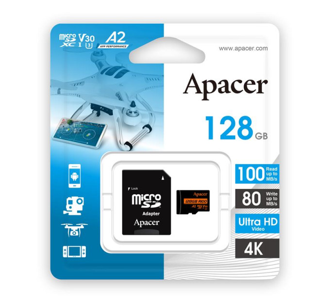 Apacer Карта пам'яті Apacer microSD 128GB C10 UHS-I U3 A2 R100/W80MB/s + SD