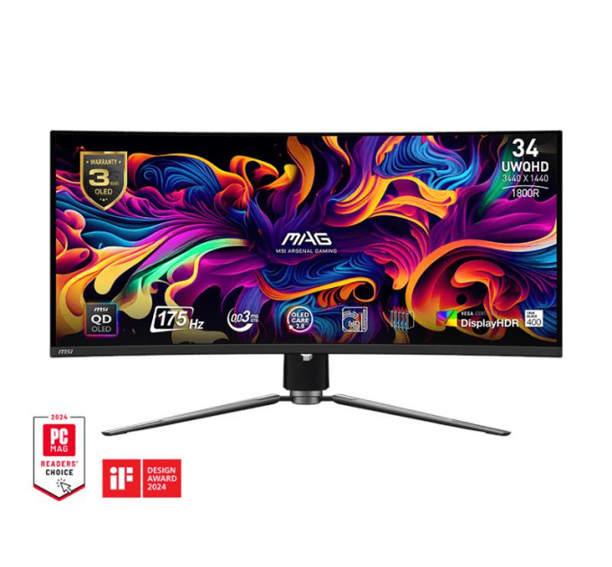 MSI monitors Монітор MSI 34" MAG 341CQP 2xHDMI, DP, USB-C, 2xUSB, QD-OLED, 3440x1440, 21:9, 175Hz, 0.03ms, sRGB 139%, CURVED, FreeSync, HAS, HDR400