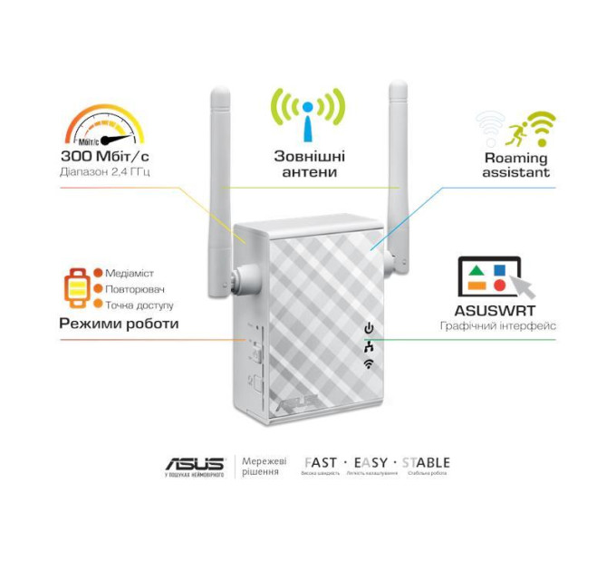 ASUS Network Розширювач покриття WiFi  ASUS RP-N12  N300 1хFE LAN