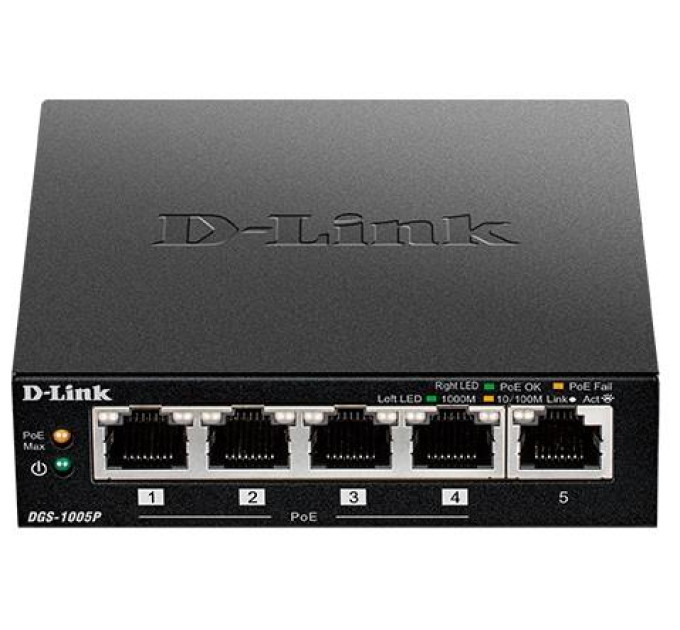DLINK Комутатор D-Link DGS-1005P 5xGE (4xPoE, 1xUplink), 60W