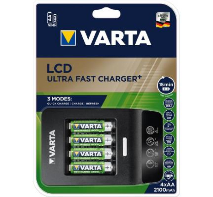Varta Зарядний пристрій для акумуляторів Varta LCD Ultra Fast Plus Charger +4*AA 2100 mAh (57685101441)