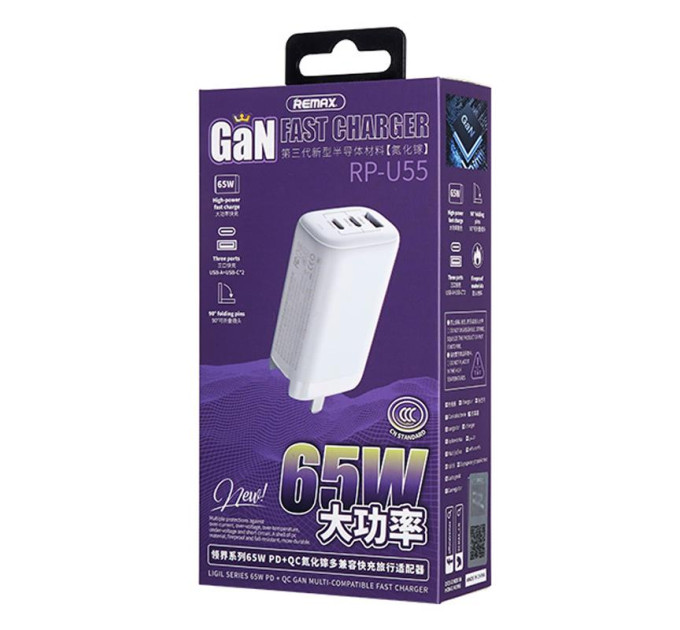 Remax Сетевое зарядное устройство Remax Ligil Series 65W PD + QC Fast Charger White (RP-U55)