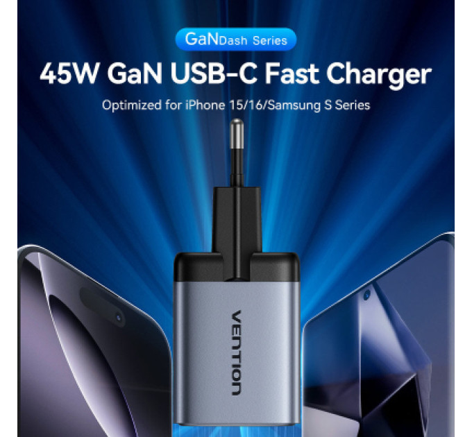 Vention Зарядний пристрій VENTION 2-Port USB (C + C) GaN Charger (45W/45W) EU-Plug Gray (FCDH0-EU)