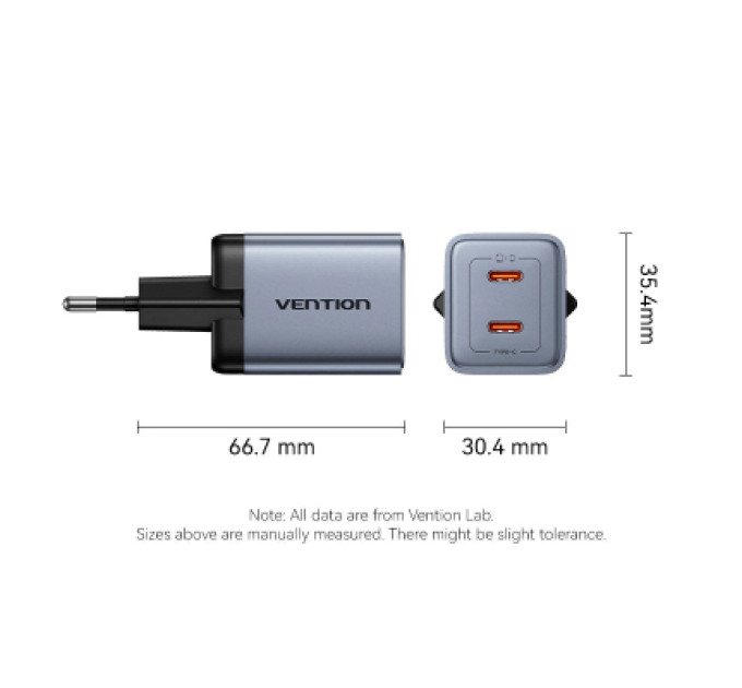 Vention Зарядний пристрій VENTION 2-Port USB (C + C) GaN Charger (45W/45W) EU-Plug Gray (FCDH0-EU)