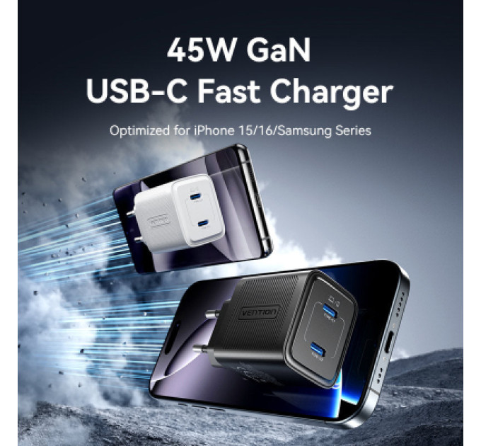 Vention Зарядний пристрій VENTION 2-Port USB (C + C) GaN Charger (45W/45W) EU-Plug Transparent White (FCFW0-EU)