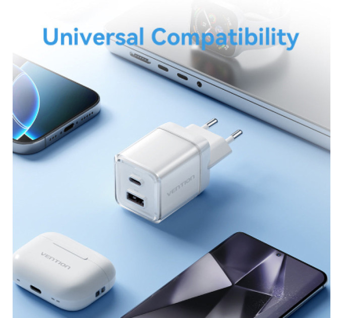 Vention Зарядний пристрій VENTION 2-Port USB (C + A) GaN Charger (70W/22.5W) EU-Plug Transparent Gray (FCGH0-EU)