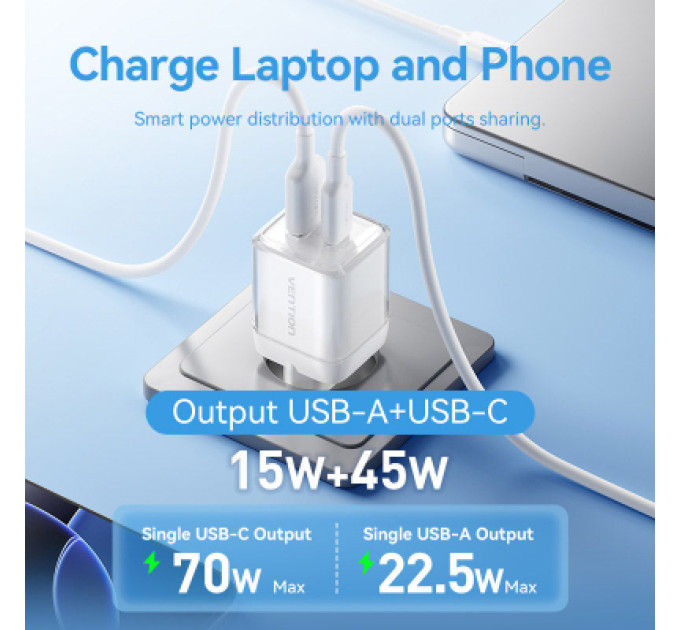 Vention Зарядний пристрій VENTION 2-Port USB (C + A) GaN Charger (70W/22.5W) EU-Plug Transparent Gray (FCGH0-EU)