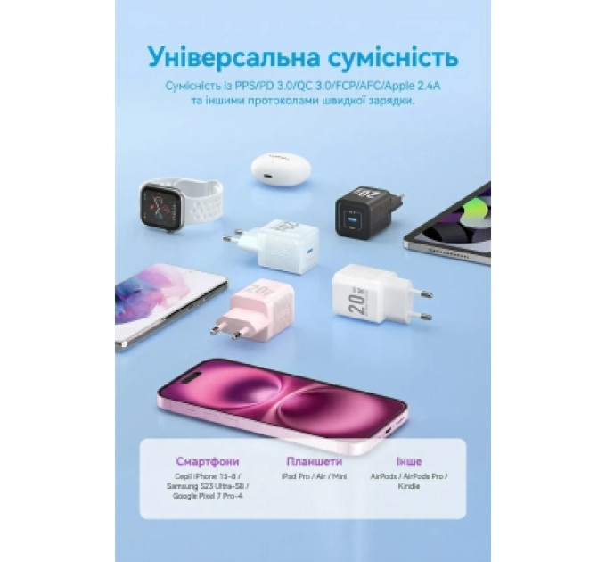 Vention Зарядний пристрій VENTION 1-Port USB-C GaN Charger (20W) EU-Plug White (FEPW0-EU)